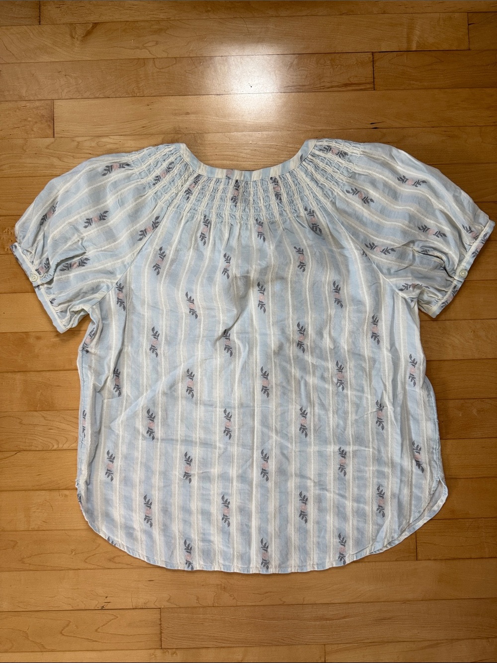 LOFT Blue Smocked Floral Stripe Puff Sleeve Blouse Boho Cottagecore Size S - Picture 4 of 7